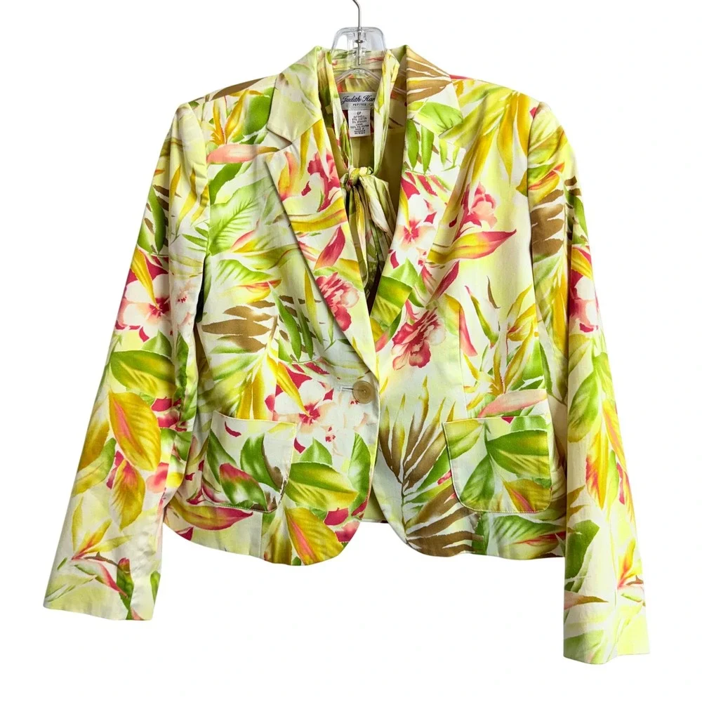 Judith Hart Petites Tropical Floral Blazer Jacket Yellow Green Pink Tie Neck 6P